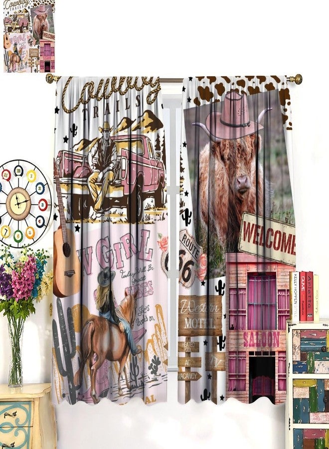 AAVEUP Cowboy Curtains for Kids,Rural Pink Western Desert Highland Cow Railway Cactus Cowboy Women Guitar Window Drapes Print for Girls Bedroom Living Room 42x45in（No Blackout） - Image 5